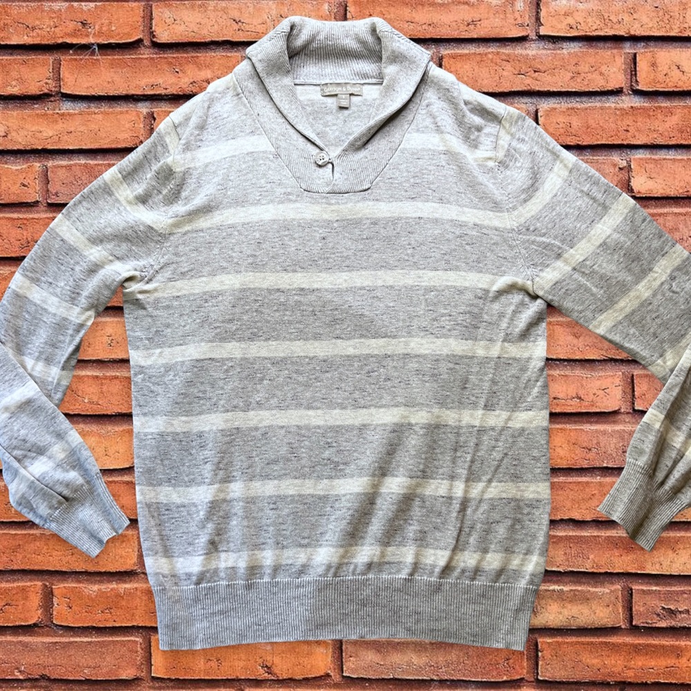 Grayson & Dunn Shawl Collar Sweater Men’s S Small Gray White Stripe